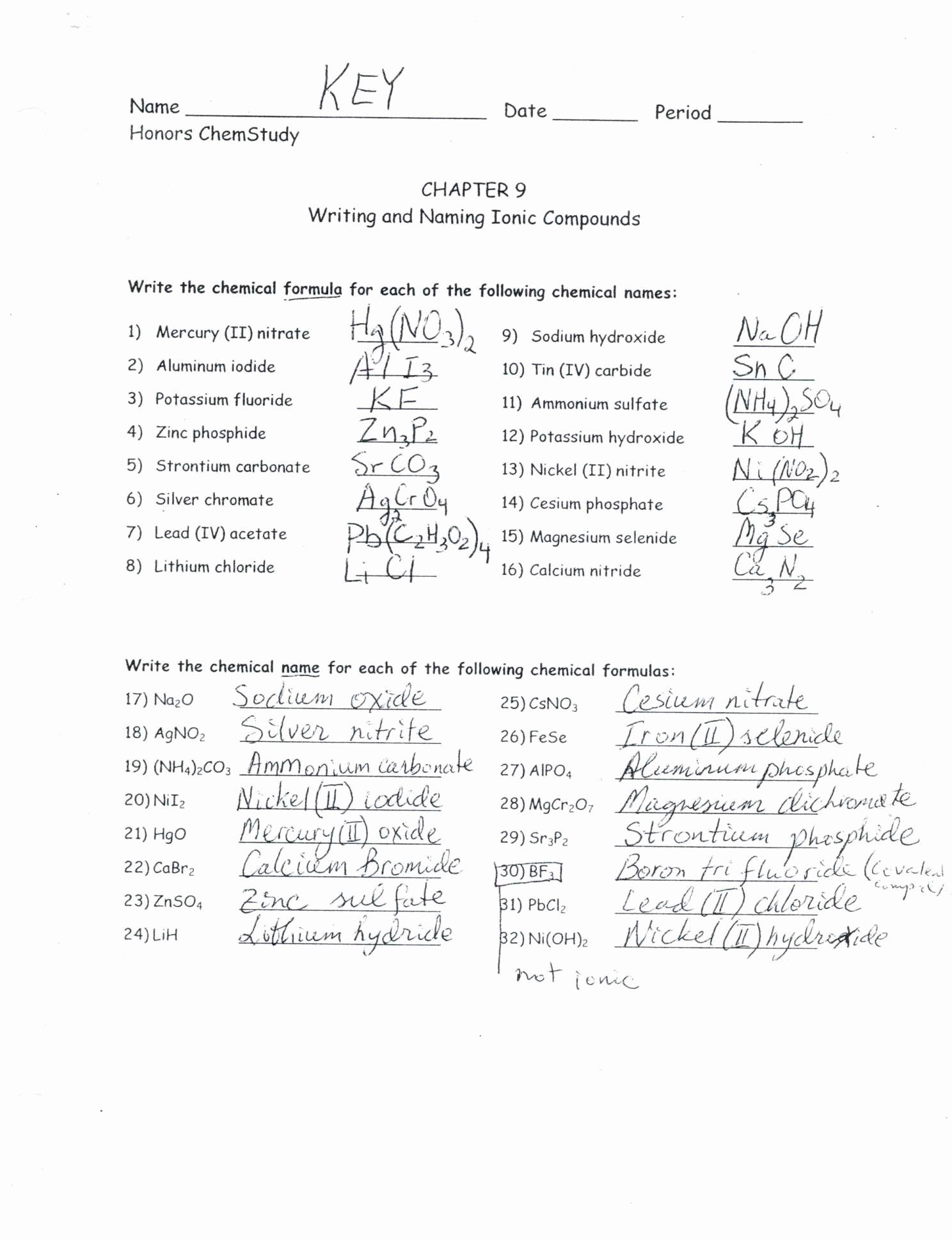 Chemical Reactions Worksheet Answers