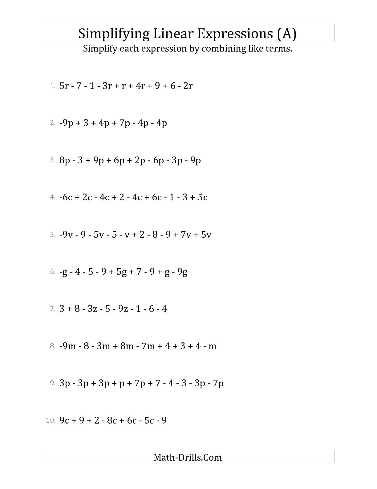 Algebra Worksheets 22th Grade For Equivalent Expressions Worksheet 6th Grade