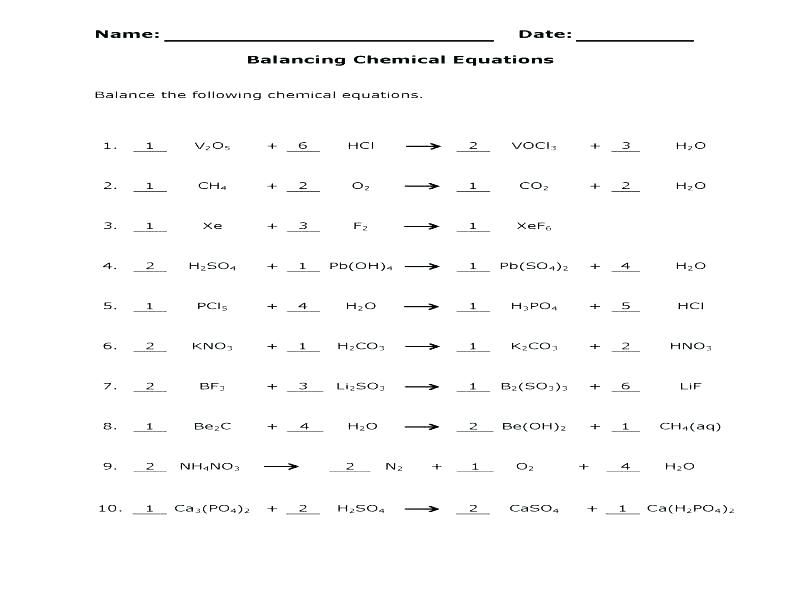 Balancing Equations Worksheet 1