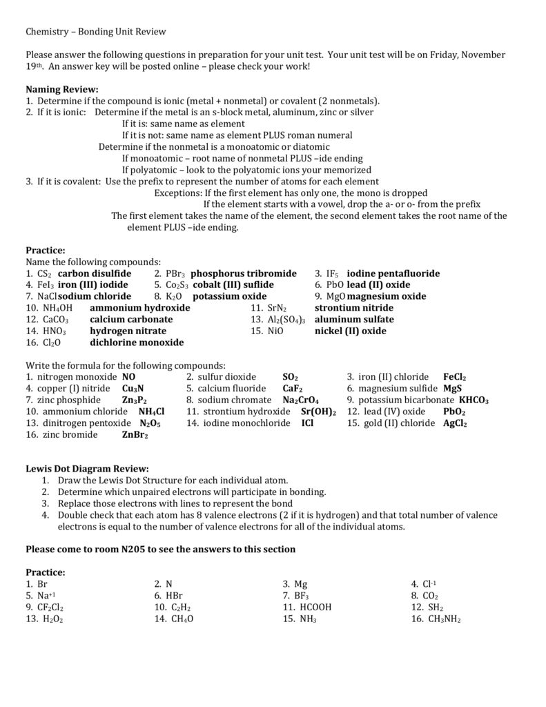 Chemical Bonding Review Worksheet Answer Key