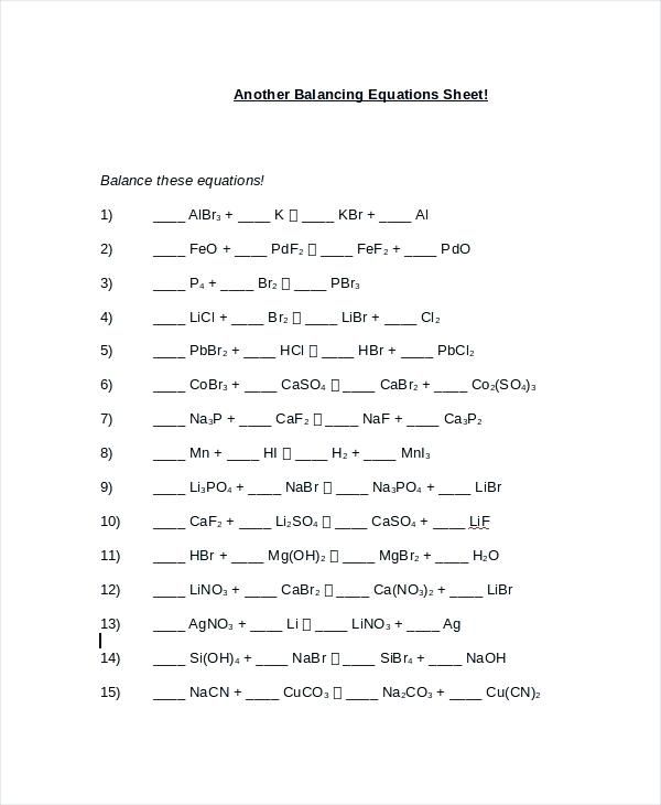 Chemistry Balancing Chemical Equations Worksheet Answer Key