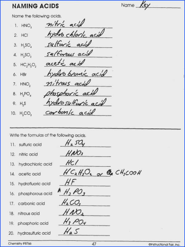 Chemistry Nomenclature Worksheet Answers