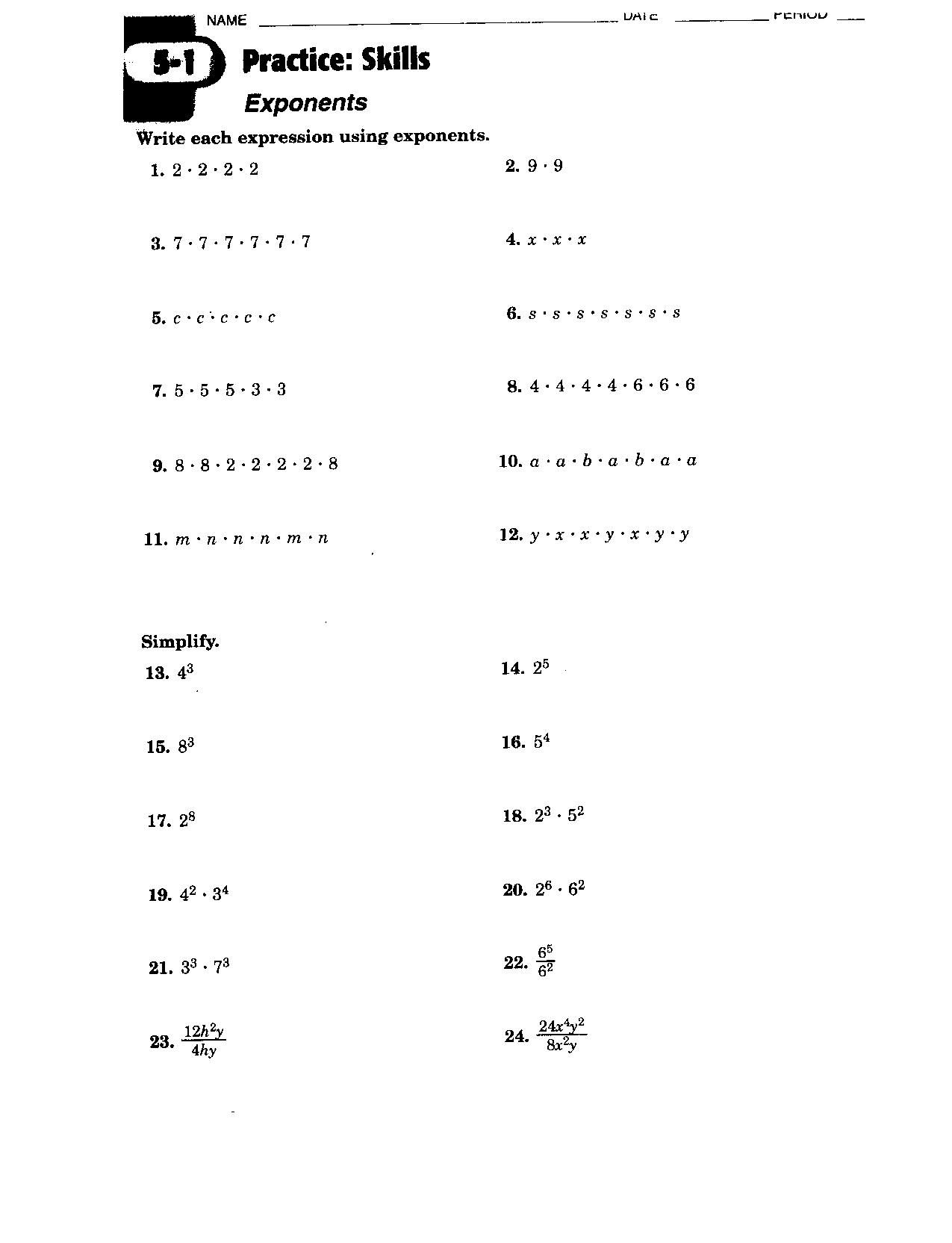 exponents worksheets grade 8 pdf