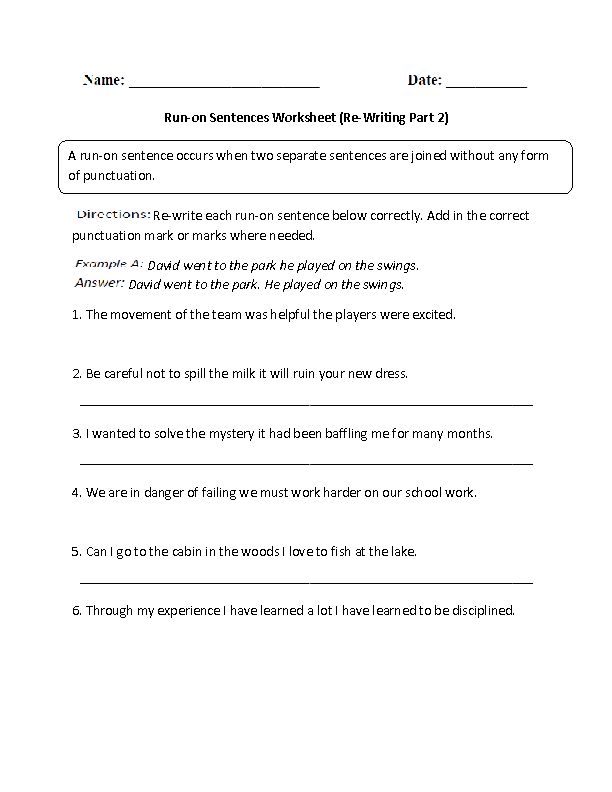 Correcting Run Sentences Worksheet