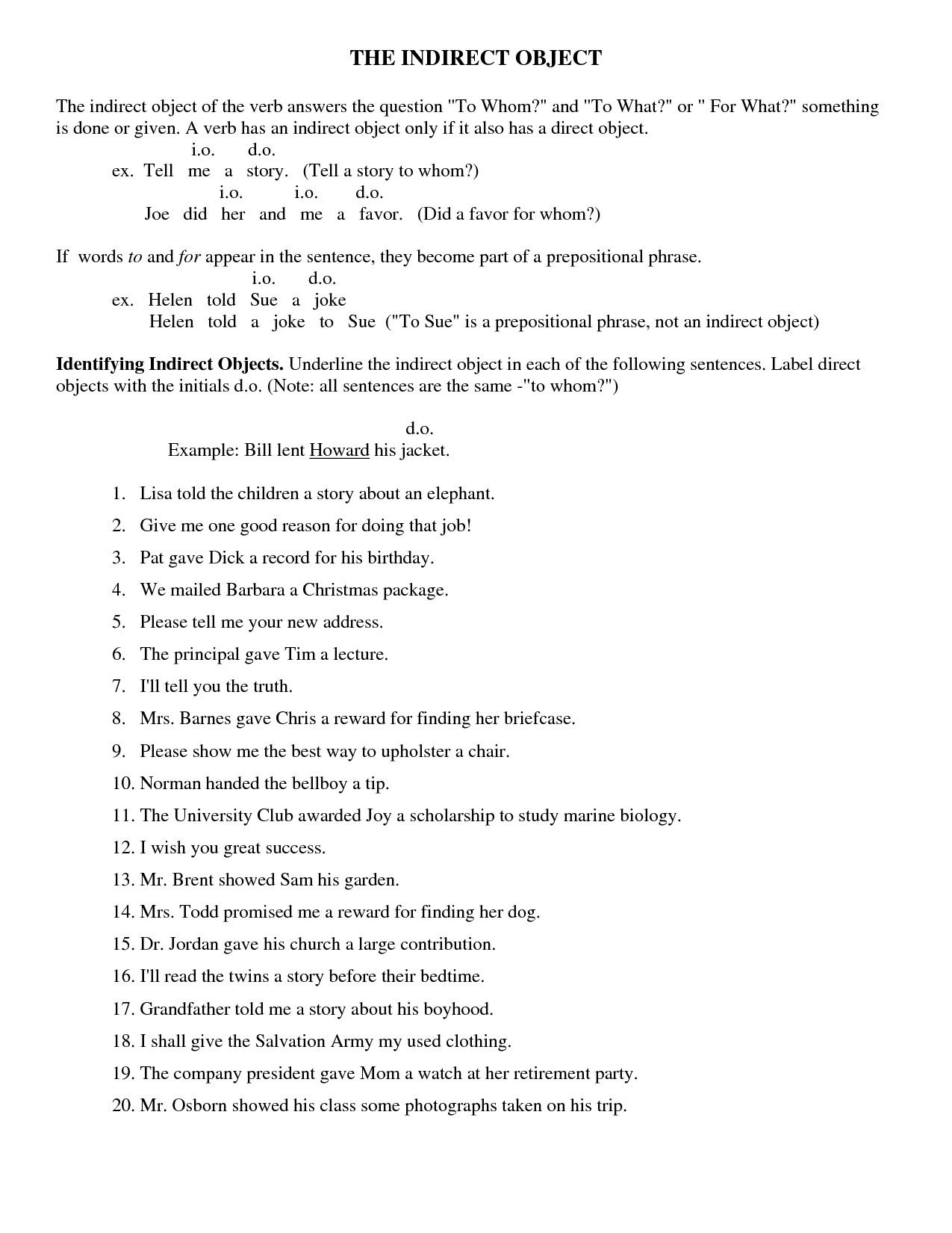 Direct And Indirect Objects Worksheets Answer Keys By Roberts Parts 