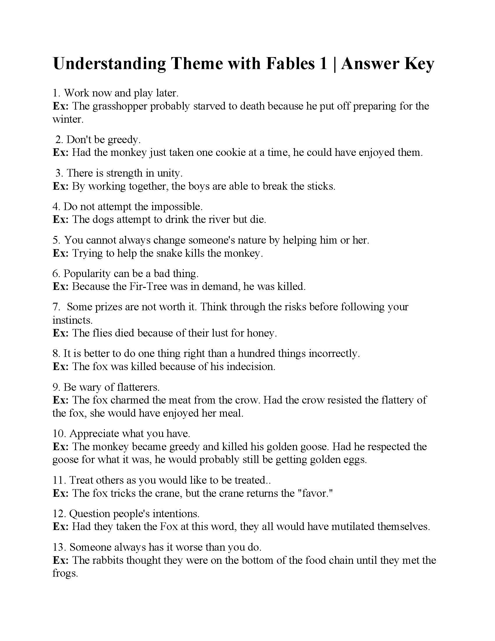 This is the answer key for the Understanding Theme with Fables 1