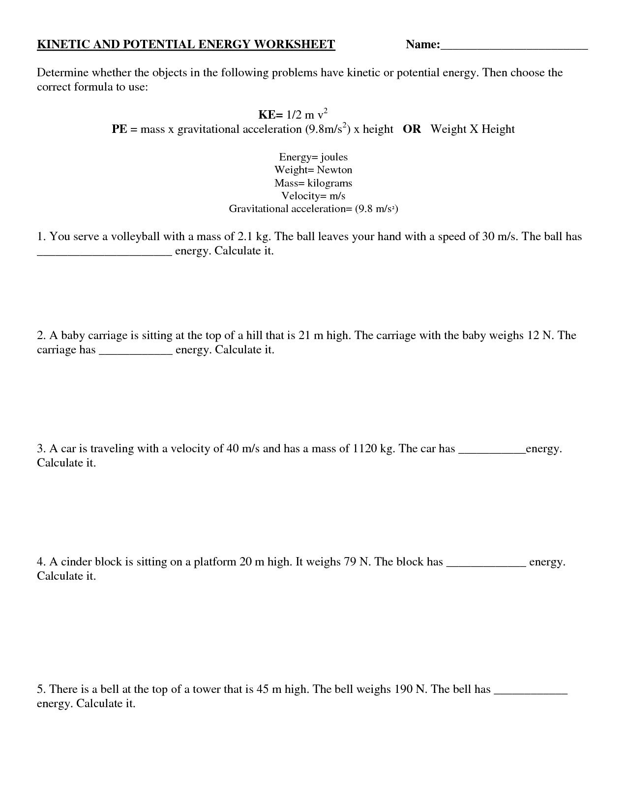 Kinetic and potential energy worksheet answers 17 best images of 14 worksheets energy