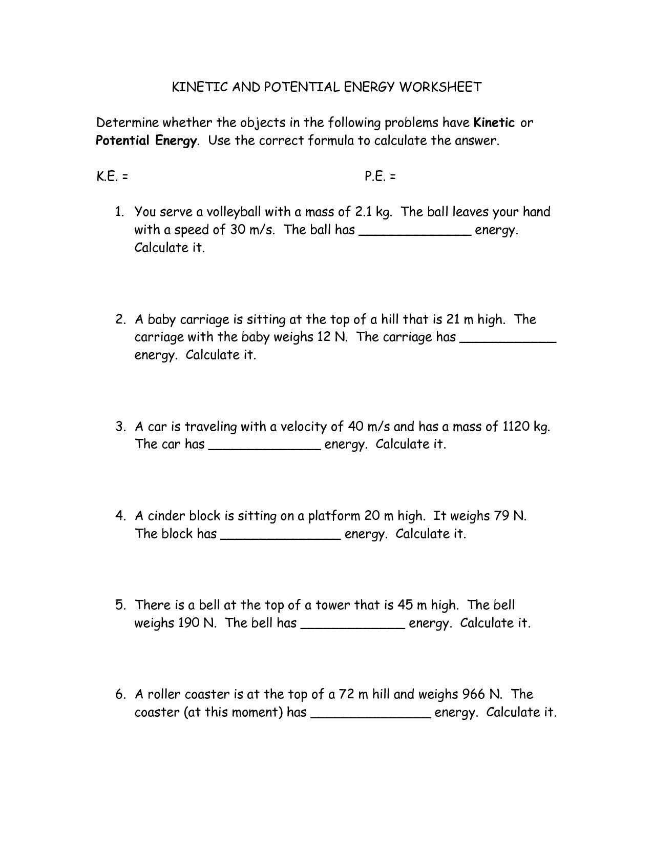 Potential Versus Kinetic Energy Worksheet