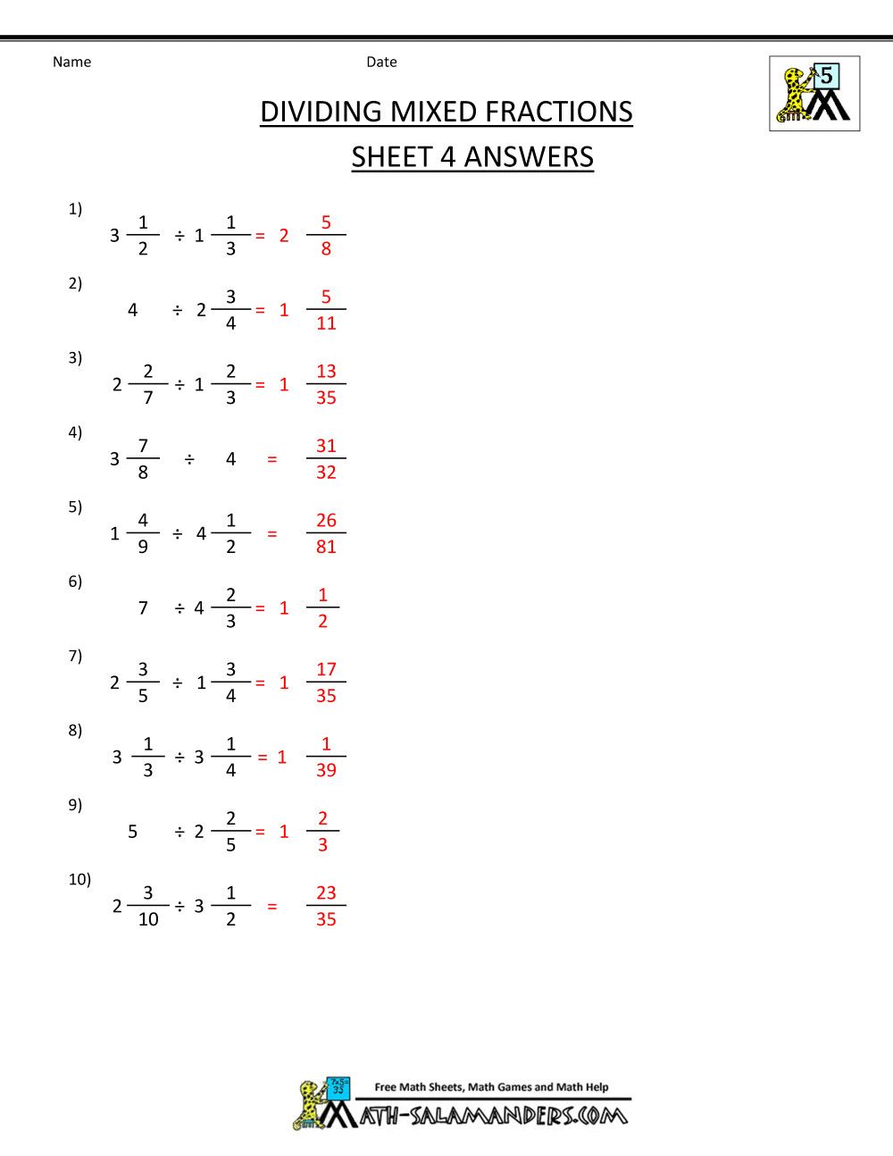Multiply And Divide Mixed Fractions Worksheet