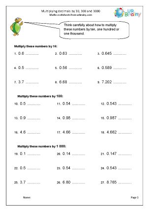 Multiplying Decimals By 10 100 And 1000 Worksheet