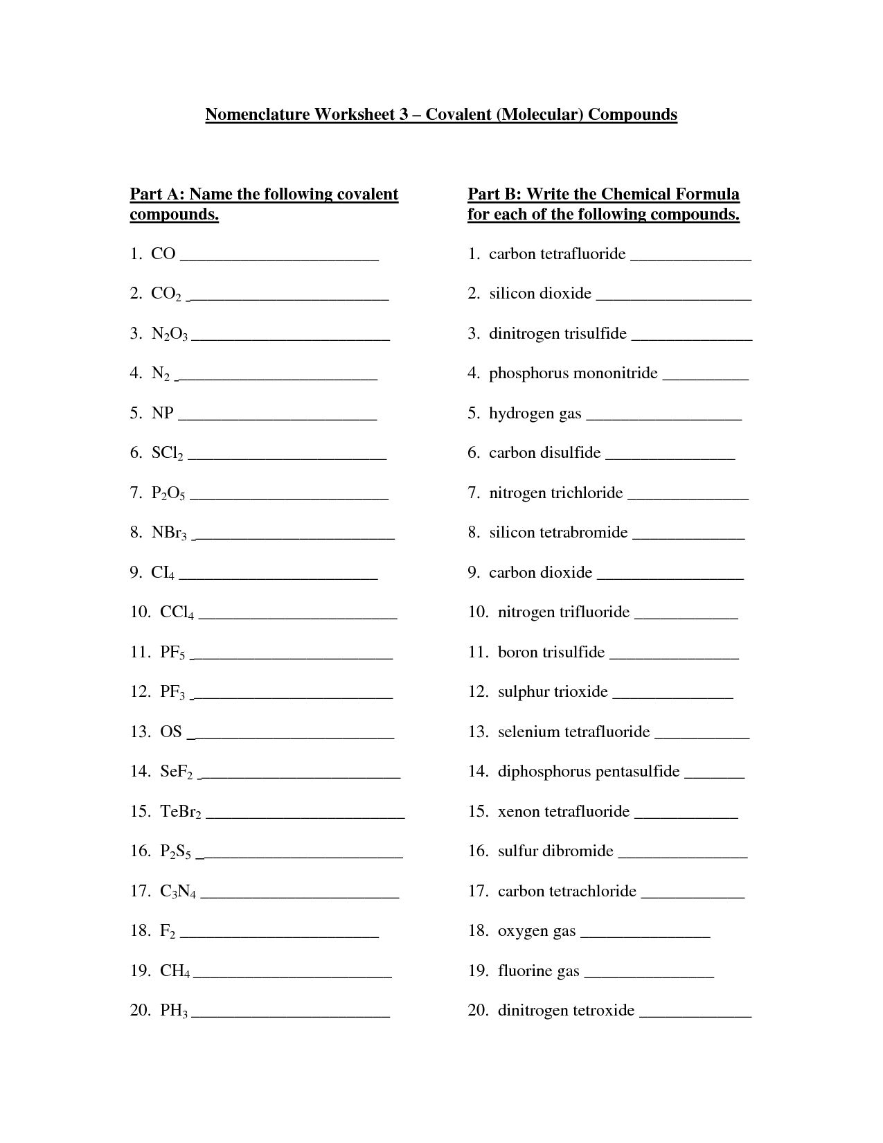 Naming Molecular Compounds Worksheet