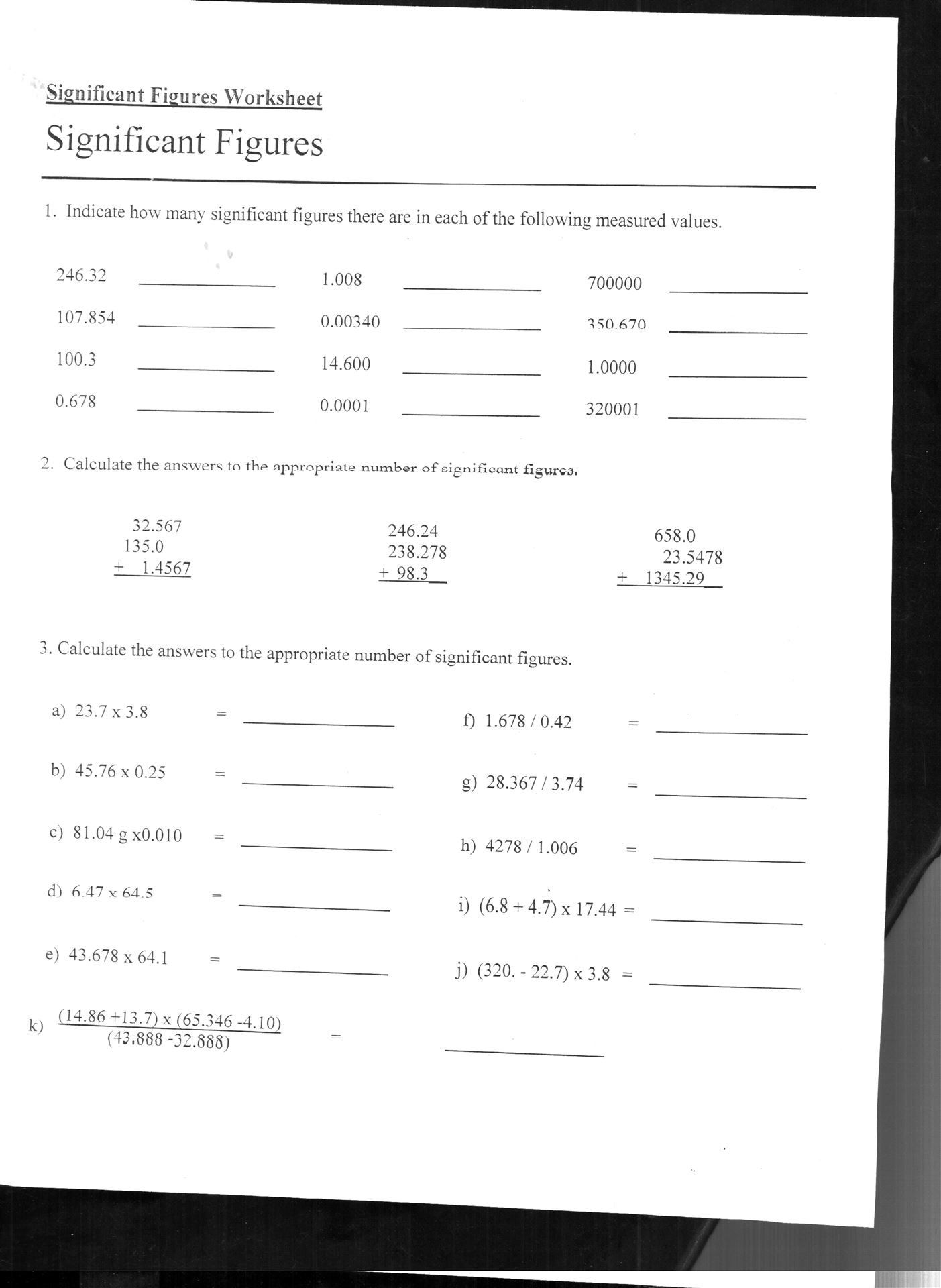 Calculations Using Significant Figures Worksheet