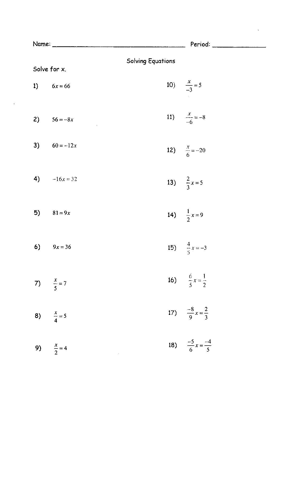 Solving Equations e Step Worksheet Printable