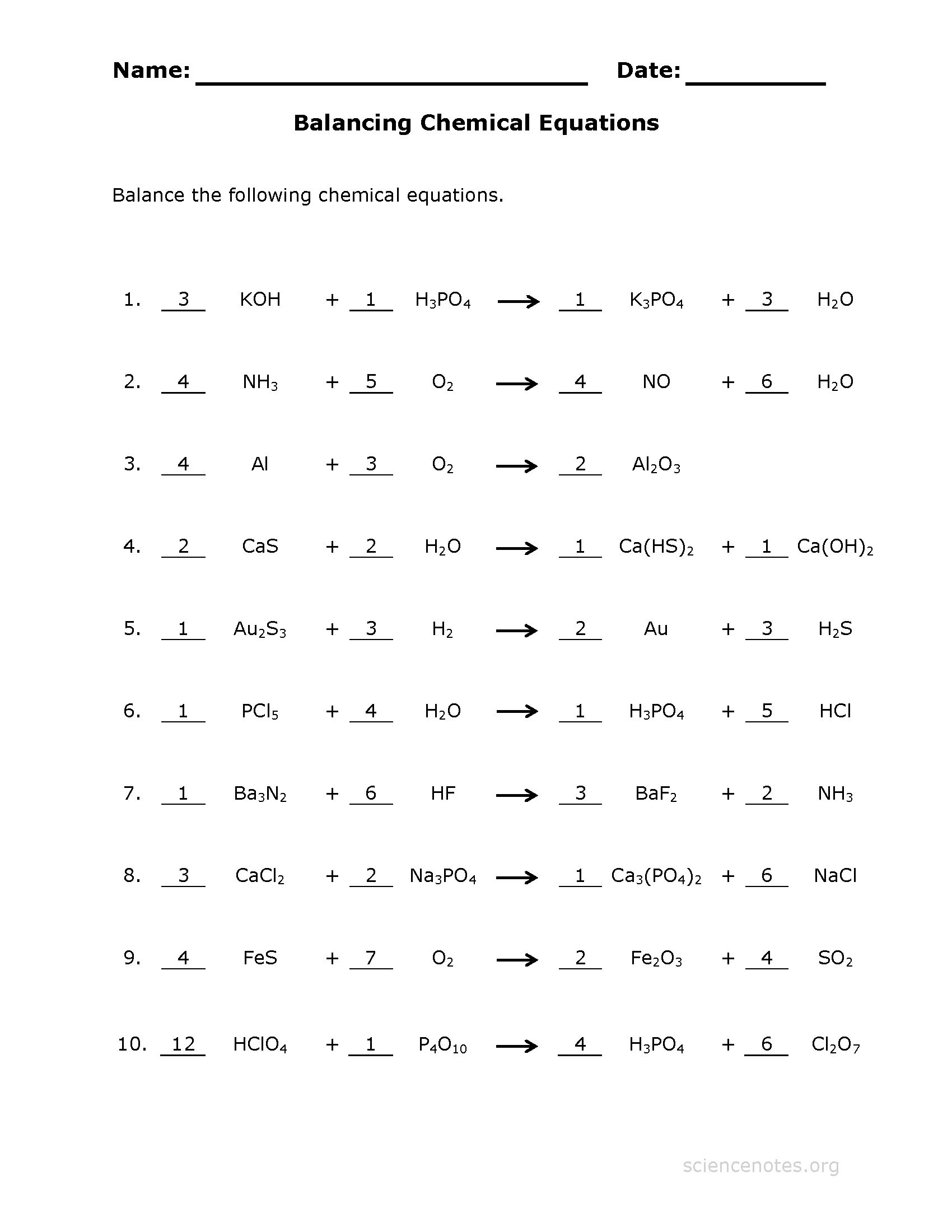 Balancing Equation Practice Sheet [answer sheet]