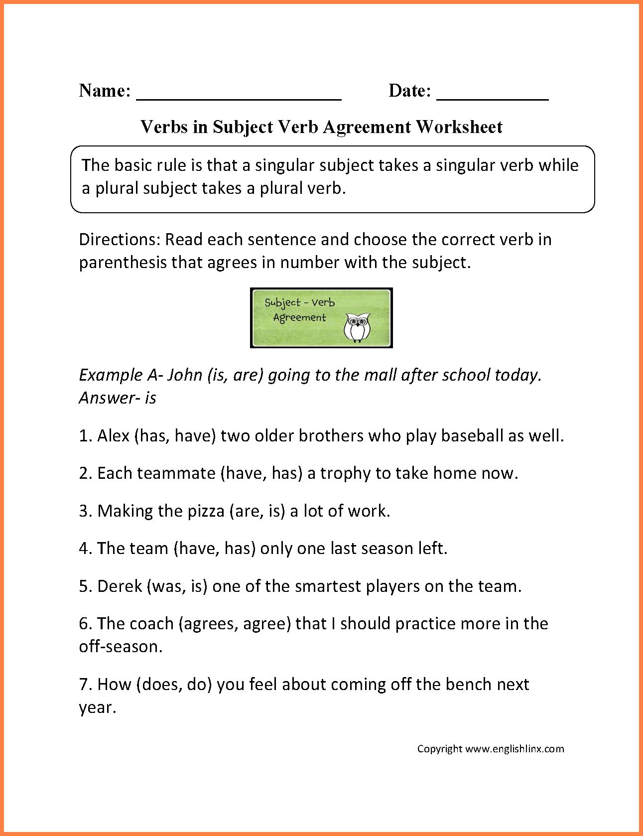 Subject Verb Agreement Practice Worksheets