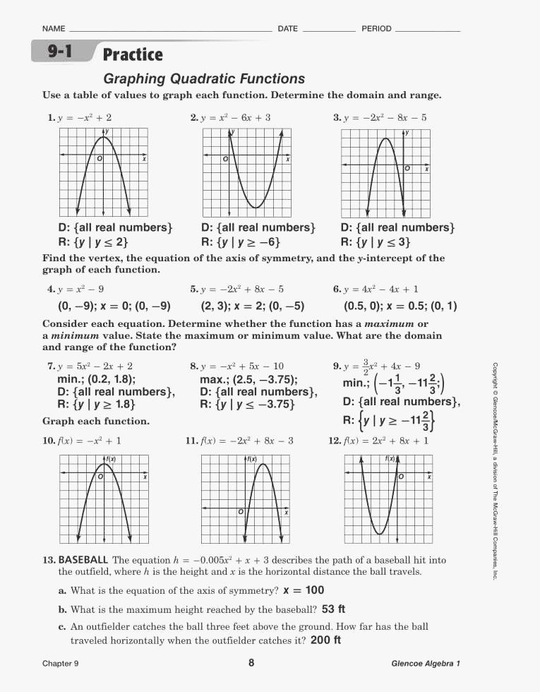 9 2 Solving Quadratic Equations By Graphing Glencoe Algebra 1 Tessshebaylo