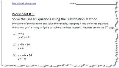 Substition Method Worksheet 5 of 6