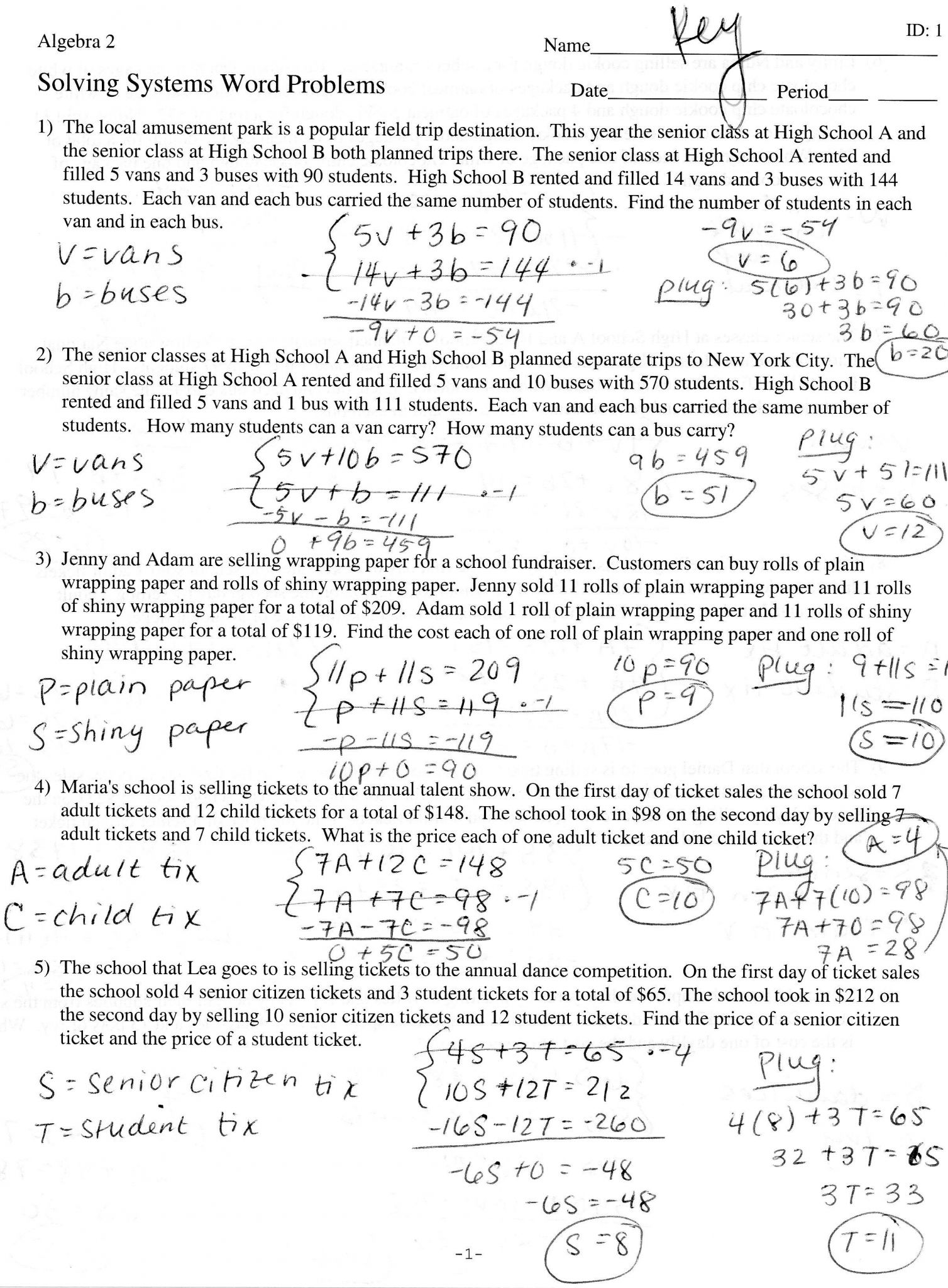 Systems of Linear Equations Word Problems Worksheet ...