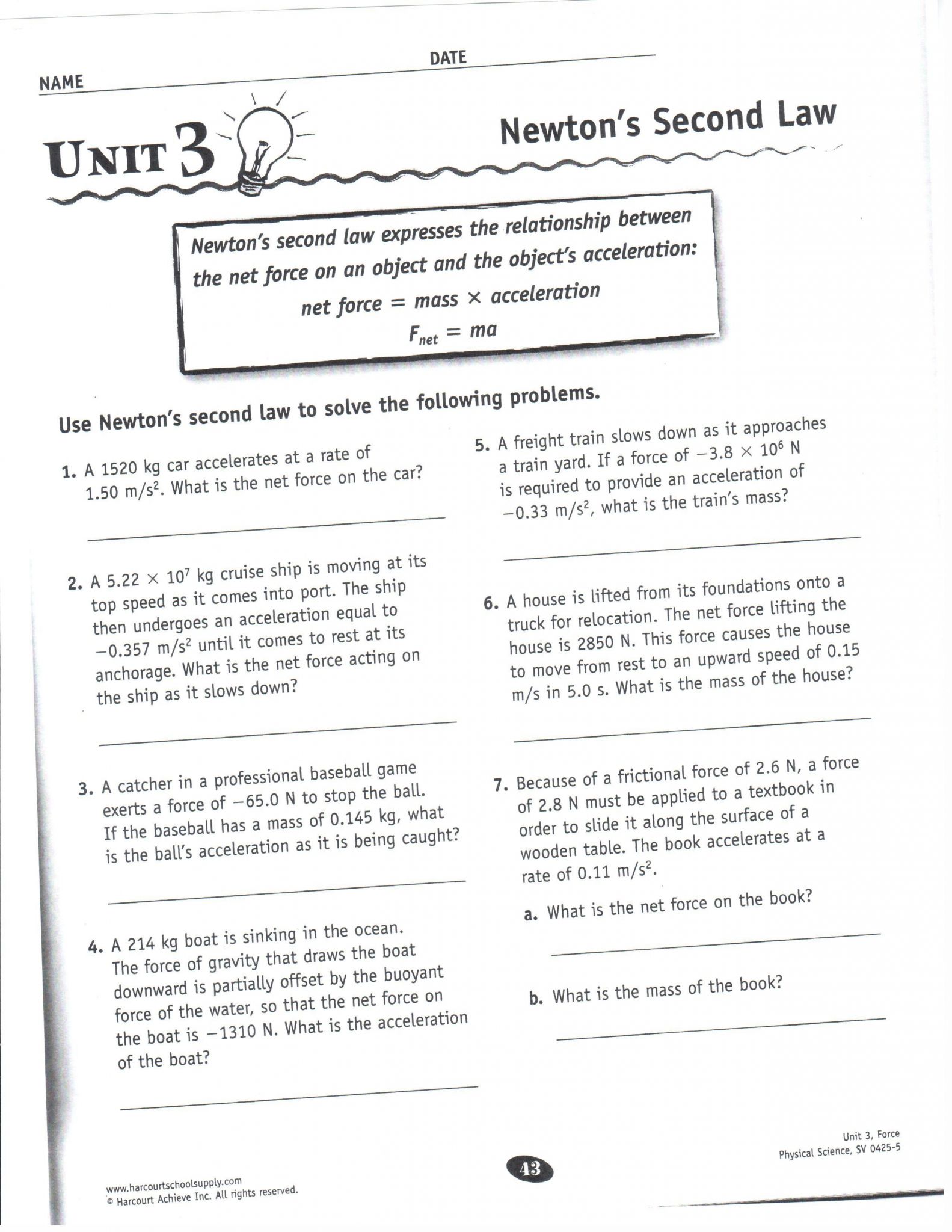 Newton S Second Law Of Motion Worksheet Answers In Newton039s Second Law Worksheet Answers