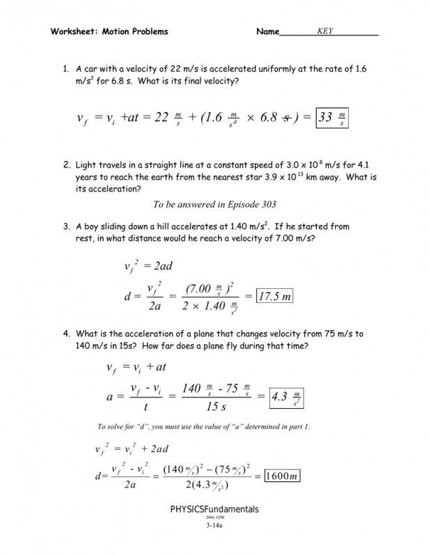 Velocity and Acceleration Calculation Worksheet Answer Key